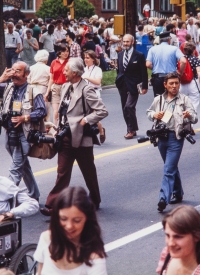 British photographers stroll down Sackville Street after covering Charles & Diana at the Garrison Grounds. Halifax, NS